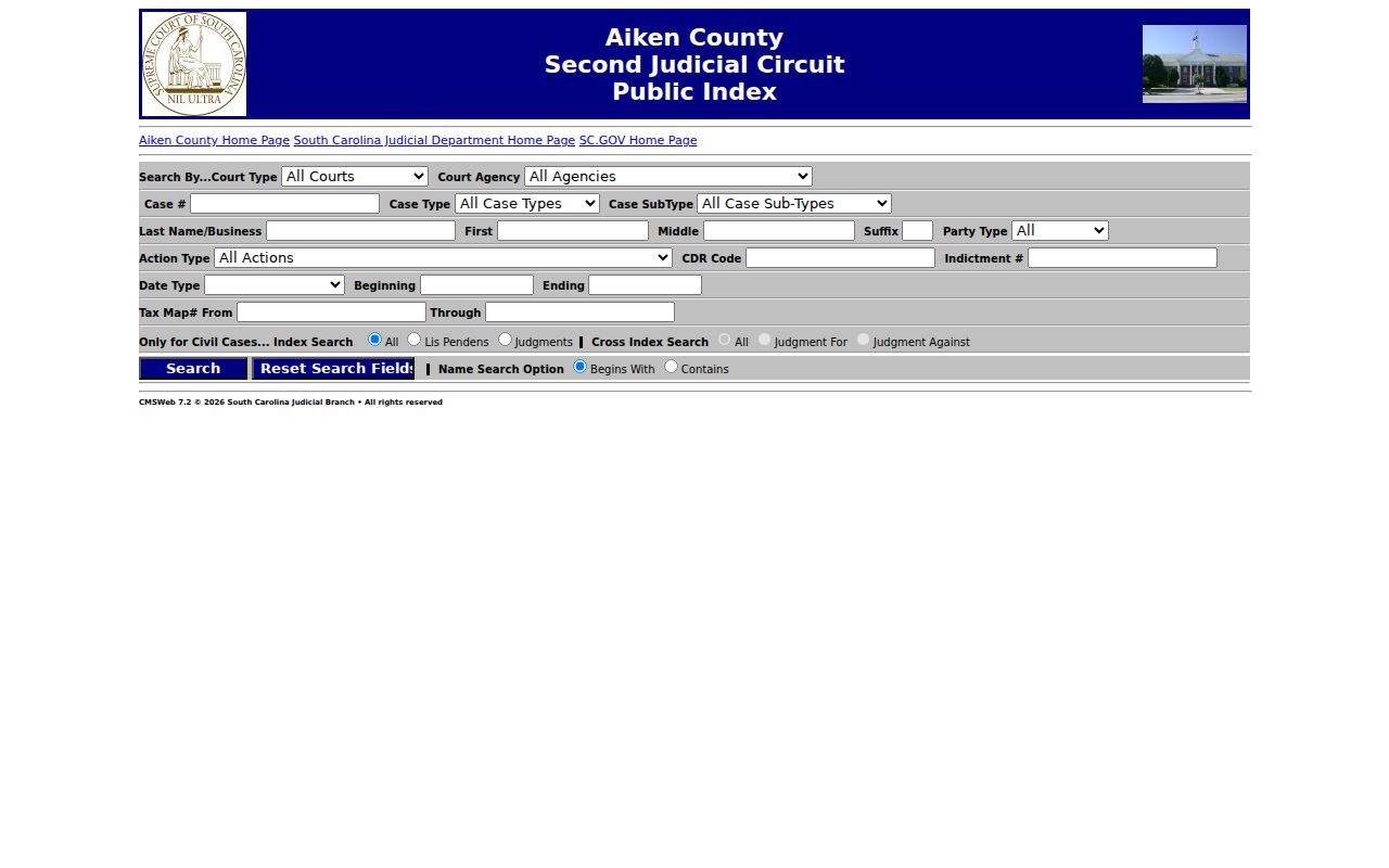 Aiken County court case lookup Public Index interface